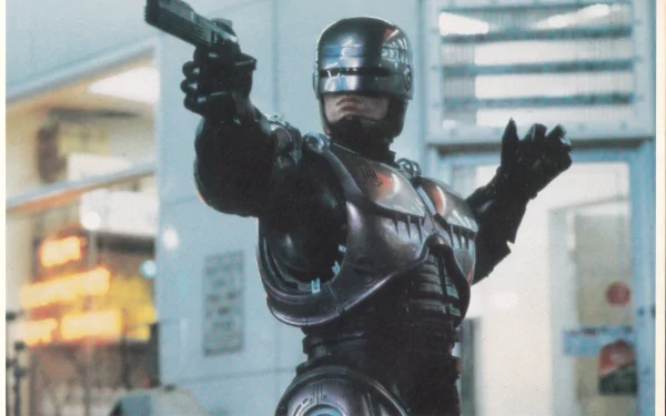 RoboCop from Robocop (1987) in chrome armor aiming a pistol inside a city interior — 2K Quad HD PC desktop wallpaper/background.