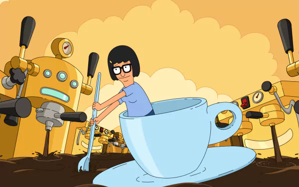 HD desktop wallpaper featuring Tina Belcher from Bob's Burgers in a teacup ride with whimsical robots in the background.