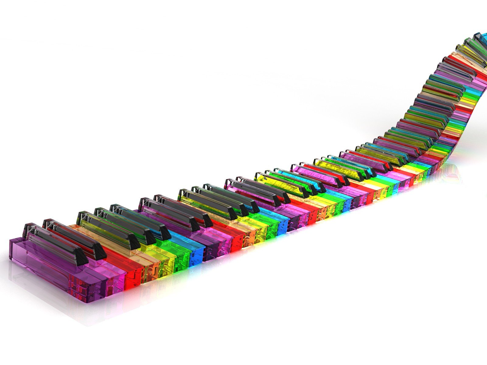 HD PC desktop wallpaper featuring a colorful, translucent piano keyboard with vibrant music-inspired hues on a white background.
