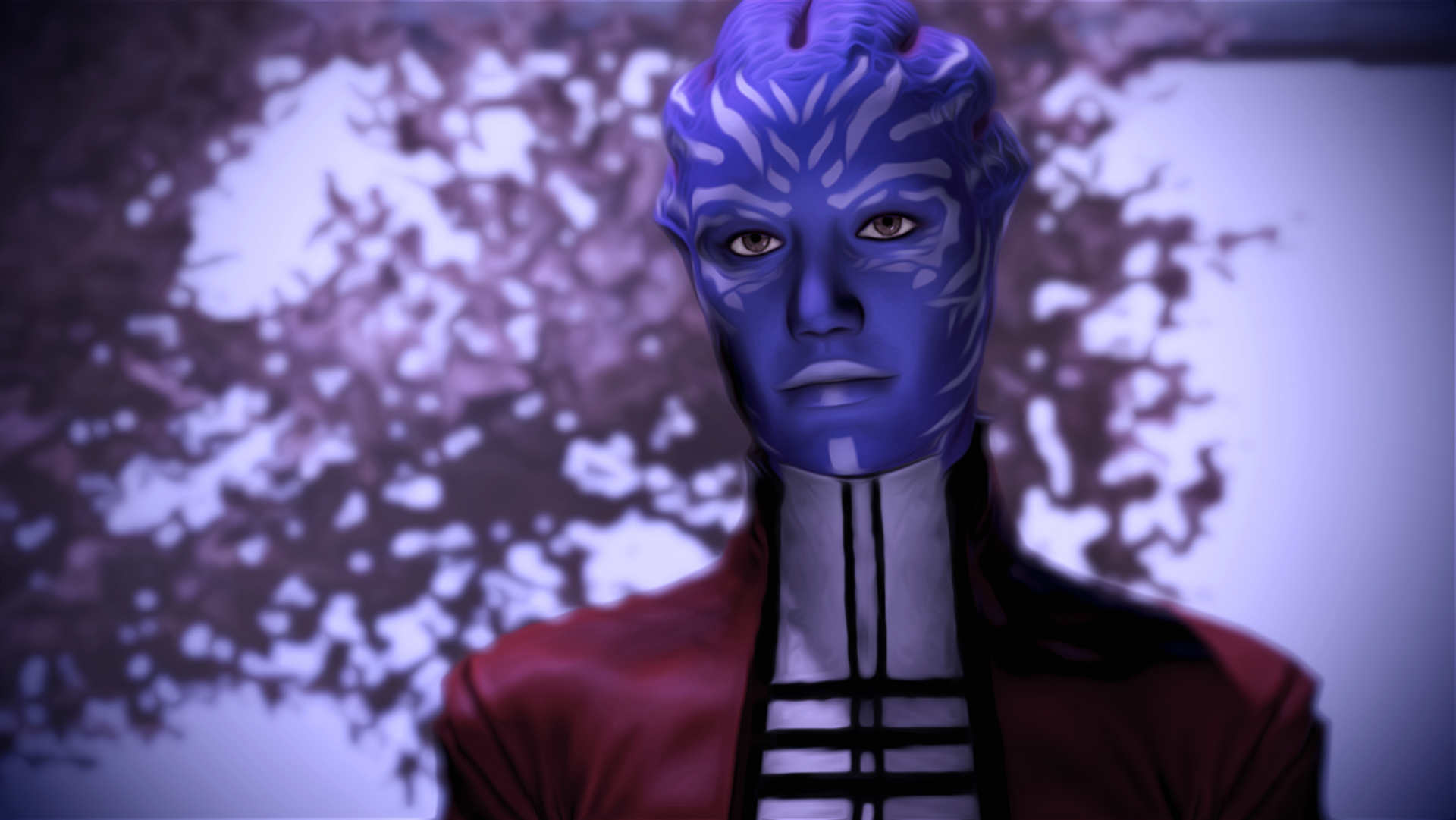 HD PC desktop wallpaper featuring a character from the video game Mass Effect 3 with a purple face and unique markings against a blurred natural background.