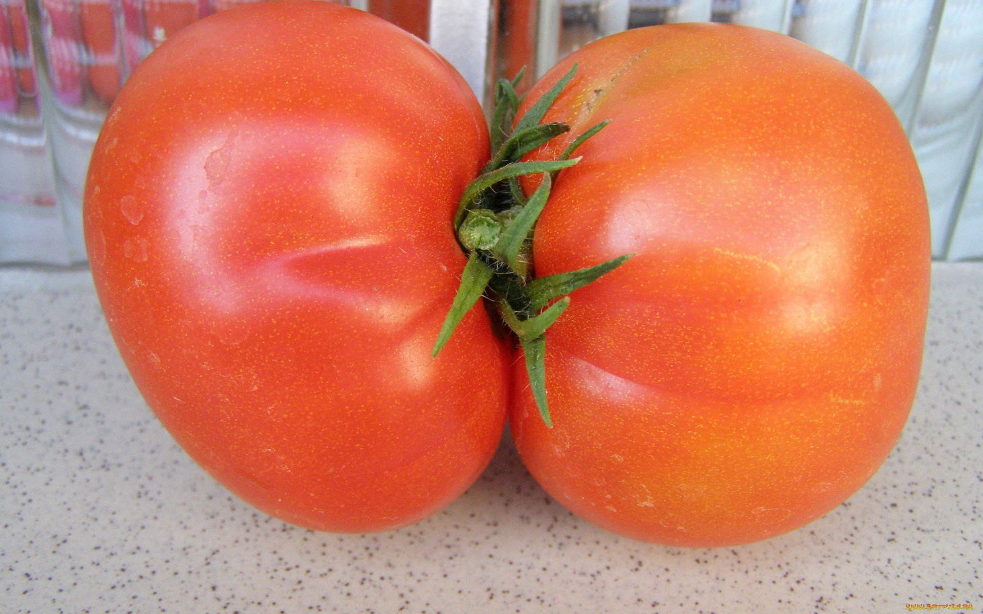 HD PC desktop wallpaper and background: close-up of two ripe red tomatoes joined at the stem on a speckled countertop, food tomato image.