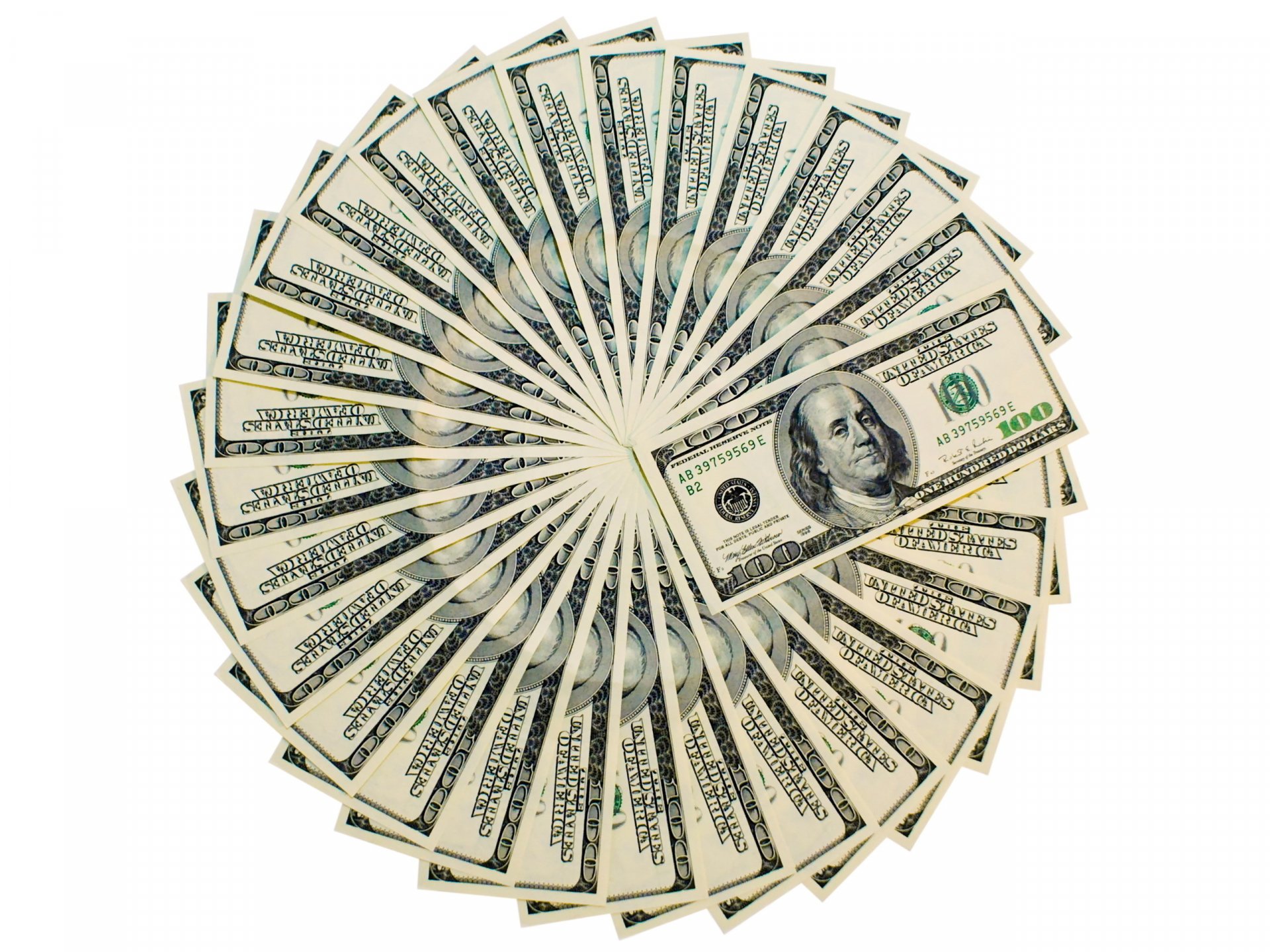 HD desktop wallpaper featuring a man-made spiral arrangement of US hundred-dollar bills on a white background.