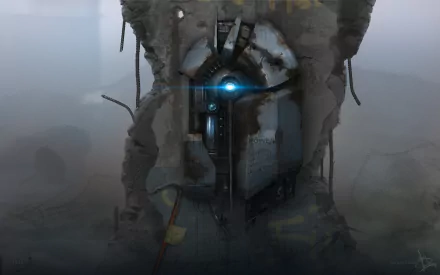 A dramatic HD PC desktop wallpaper featuring an atmospheric scene from the video game Half-Life, showcasing a mysterious portal surrounded by a foggy, industrial backdrop.