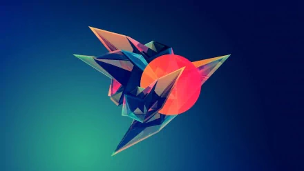 HD desktop wallpaper featuring an abstract geometric design with multifaceted shapes and a glowing orb against a gradient blue background.