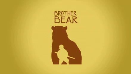 Minimalist Brother Bear movie HD PC desktop wallpaper: brown bear silhouette with a kneeling human figure inside and the 'Brother Bear' title on a warm golden background.