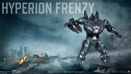 HD PC desktop wallpaper/background: hyperion.frenzy movie art from Pacific Rim — a massive Jaeger stands amid stormy sea and a ruined coastline.