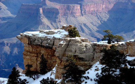 A stunning HD wallpaper of the Grand Canyon, showcasing rocky cliffs and snow-dusted trees against a dramatic landscape of layered red and purple rock formations.