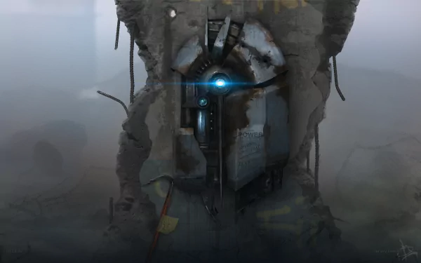 A dramatic HD PC desktop wallpaper featuring an atmospheric scene from the video game Half-Life, showcasing a mysterious portal surrounded by a foggy, industrial backdrop.