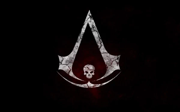 HD desktop wallpaper featuring the logo of Assassin's Creed IV: Black Flag with a stylized skull and crossbones set against a dark, textured background.