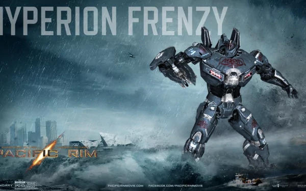 HD PC desktop wallpaper/background: hyperion.frenzy movie art from Pacific Rim — a massive Jaeger stands amid stormy sea and a ruined coastline.
