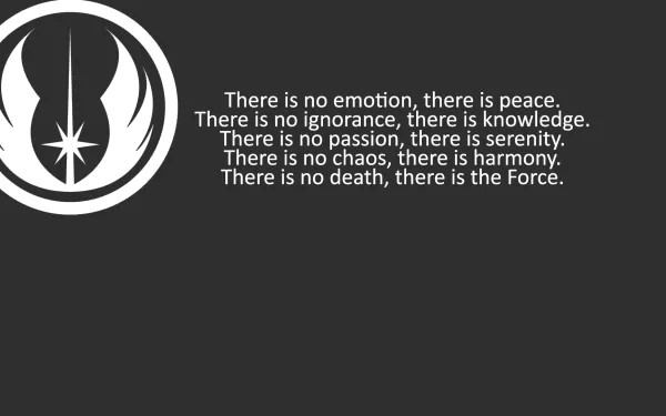 HD desktop wallpaper featuring a Jedi theme with the text emphasizing peace, knowledge, and the Force, set against a minimalist sci-fi backdrop inspired by Star Wars.