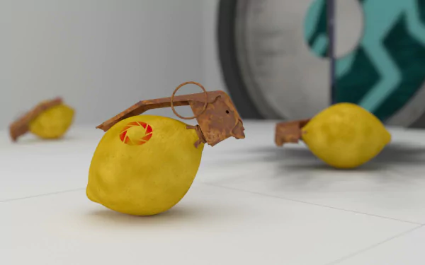 HD PC desktop wallpaper featuring a Portal 2-inspired scene with lemons designed as grenades, set against a clean, minimalistic background.