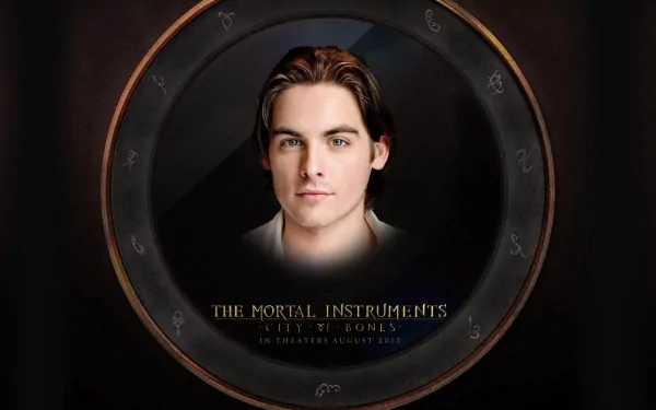 HD PC desktop wallpaper for the movie The Mortal Instruments: City of Bones — a young man's portrait inside a circular rune frame on a dark textured background with the film title.