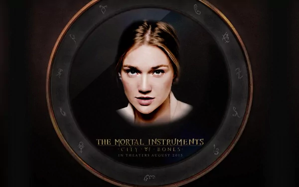 HD PC desktop wallpaper of the movie The Mortal Instruments: City of Bones — close-up of a young woman's face within a rune-etched circular mirror on a dark background.