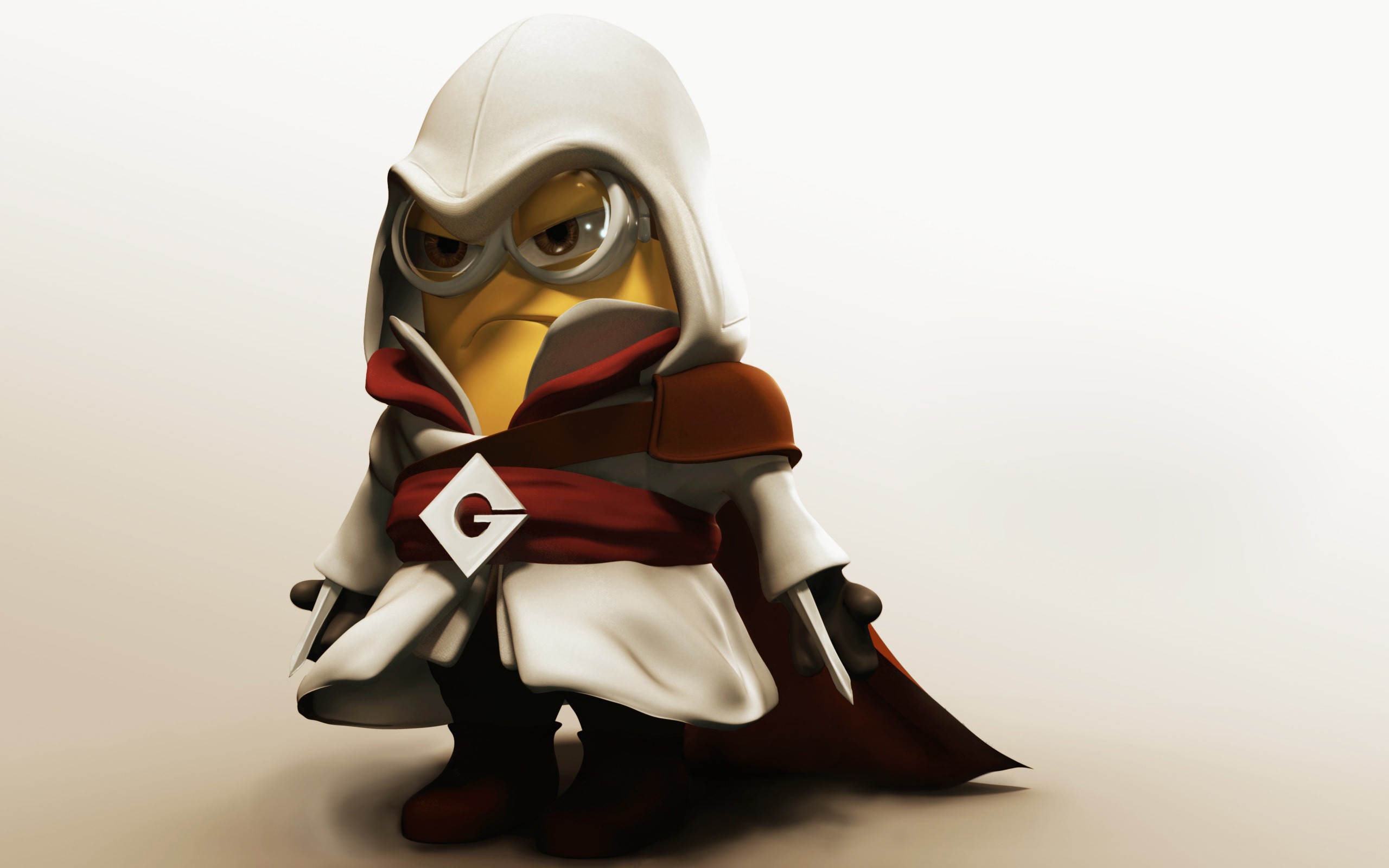 Minion character dressed as an Assassin from Assassin's Creed, standing against a plain background in a HD desktop wallpaper blending themes of Despicable Me and the video game.