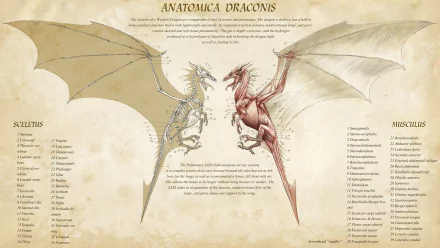 HD desktop wallpaper depicting an anatomical illustration of dragons, presented in a vintage style with labels and descriptions.