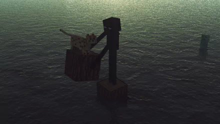 HD desktop wallpaper from Minecraft featuring an Enderman and an ocelot standing by the water at sunset, developed by Mojang.