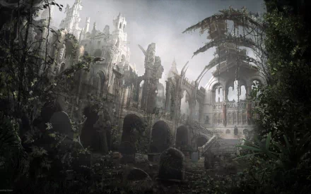 A haunting, post-apocalyptic sci-fi cityscape, featuring crumbling ruins overtaken by nature, creating an eerie yet captivating atmosphere in high-definition detail.