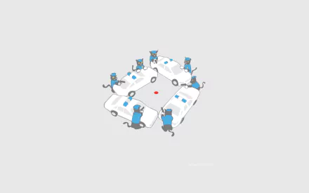 HD desktop wallpaper featuring animated cats dressed as cops surrounding a red dot, with a minimalist background.