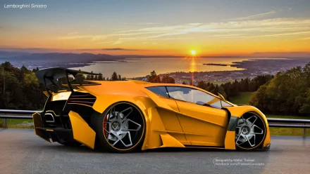 HD desktop wallpaper featuring a Lamborghini Sinistro Concept car parked at sunset with a scenic lake and mountains in the background.