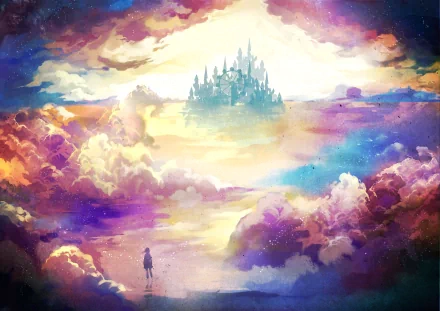HD anime landscape wallpaper featuring a colorful sky with clouds surrounding a distant castle and a Ferris wheel, with a figure standing in the foreground.