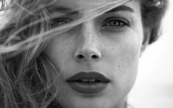 Black and white HD wallpaper featuring Doutzen Kroes with flowing hair, showcasing her striking features and captivating gaze.