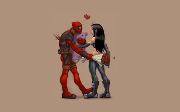 A HD wallpaper featuring Deadpool, the Merc with a Mouth, in a playful embrace with a woman against a tan background.