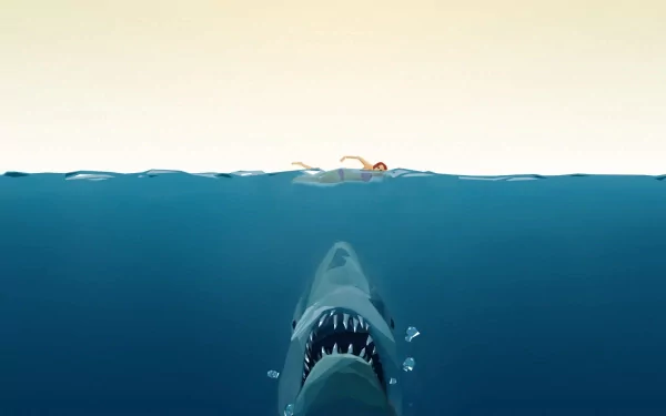 HD desktop wallpaper featuring a large shark underwater with jaws open, approaching an unsuspecting swimmer on the surface.