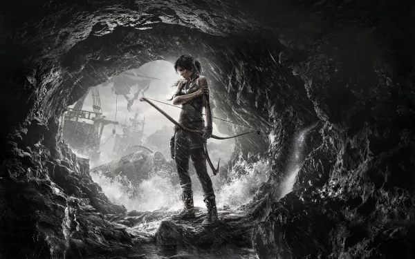 HD desktop wallpaper featuring Lara Croft from the 2013 video game Tomb Raider, standing with a bow in a stormy cave with a shipwreck in the background.