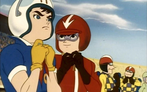 4K Ultra HD anime wallpaper featuring characters from Speed Racer, with intense expressions and vintage racing helmets against a cloudy sky backdrop.