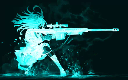 HD desktop wallpaper featuring an anime character with turquoise hair aiming a sniper rifle, set against a dynamic, splashy, turquoise background.