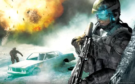 HD PC desktop wallpaper featuring a soldier from the video game Tom Clancy's Ghost Recon Advanced Warfighter 2 amidst an explosive battlefield scene.