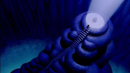 HD wallpaper of a scene from Aladdin (1992) with a character ascending a staircase towards a glowing cave entrance.