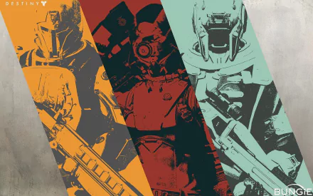 HD desktop wallpaper featuring characters from Destiny, showcasing iconic guardians in a vibrant, graphic style with bold colors and dynamic poses.