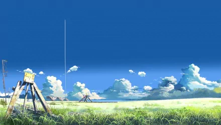 A serene anime landscape from The Place Promised In Our Early Days, featuring grassy fields and a clear blue sky, designed as a captivating HD desktop wallpaper.