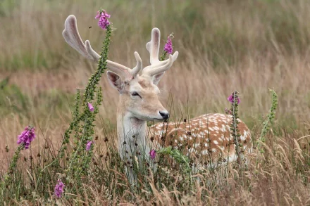 HD desktop wallpaper featuring a calm deer with velvety antlers, resting among wildflowers in a grassy field.