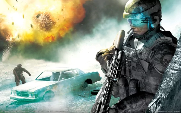 HD PC desktop wallpaper featuring a soldier from the video game Tom Clancy's Ghost Recon Advanced Warfighter 2 amidst an explosive battlefield scene.
