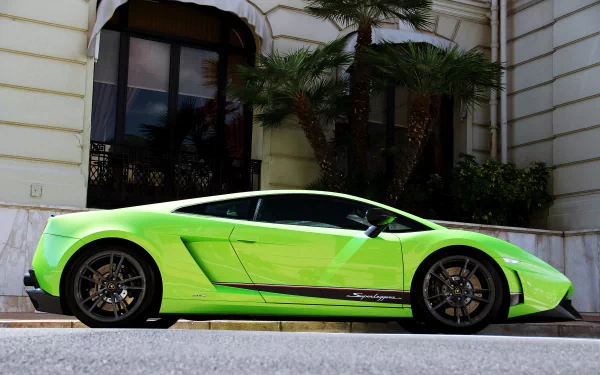 HD desktop wallpaper of a Lamborghini Gallardo Superleggera in vibrant green, parked in front of a building with palm trees.
