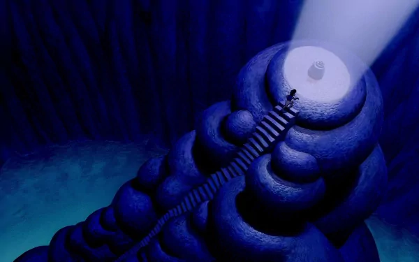 HD wallpaper of a scene from Aladdin (1992) with a character ascending a staircase towards a glowing cave entrance.
