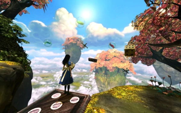 HD PC desktop wallpaper from the video game Alice: Madness Returns — Alice on a wooden platform overlooking floating islands, cherry blossoms and a surreal cloud-filled sky.