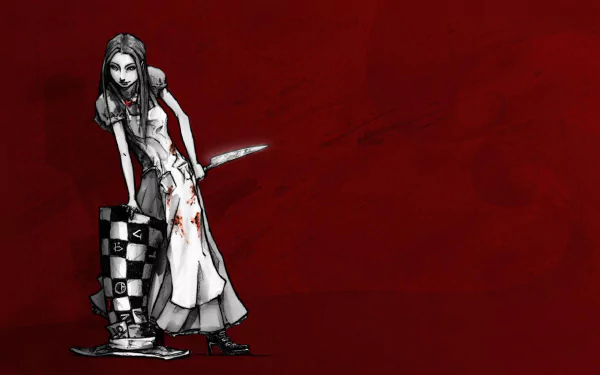 HD PC desktop wallpaper of American McGee's Alice character with a dark, red background and Returns theme, featuring a bloodied knife and a chessboard pattern.