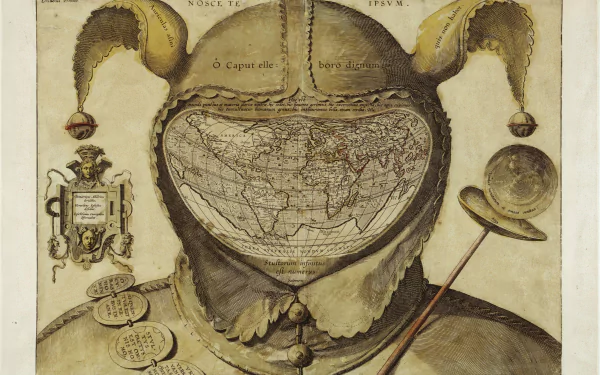 4K Ultra HD PC desktop wallpaper featuring a whimsical map integrated into a jester's hat and face, blending cartography with artistic design in a vintage style.
