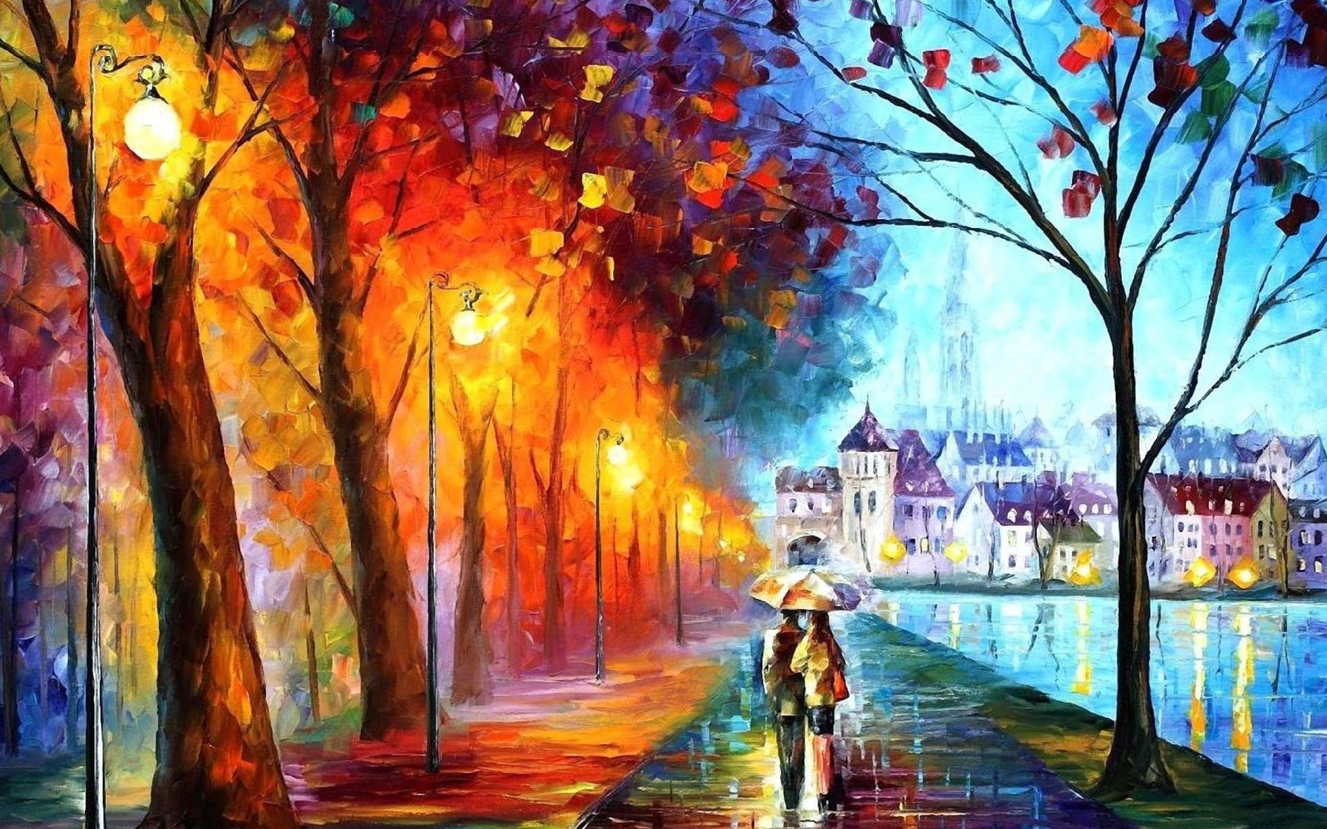 A vibrant artistic landscape depicting a couple walking under an umbrella through a colorful autumn park, surrounded by glowing street lamps and a serene riverside view. HD wallpaper.
