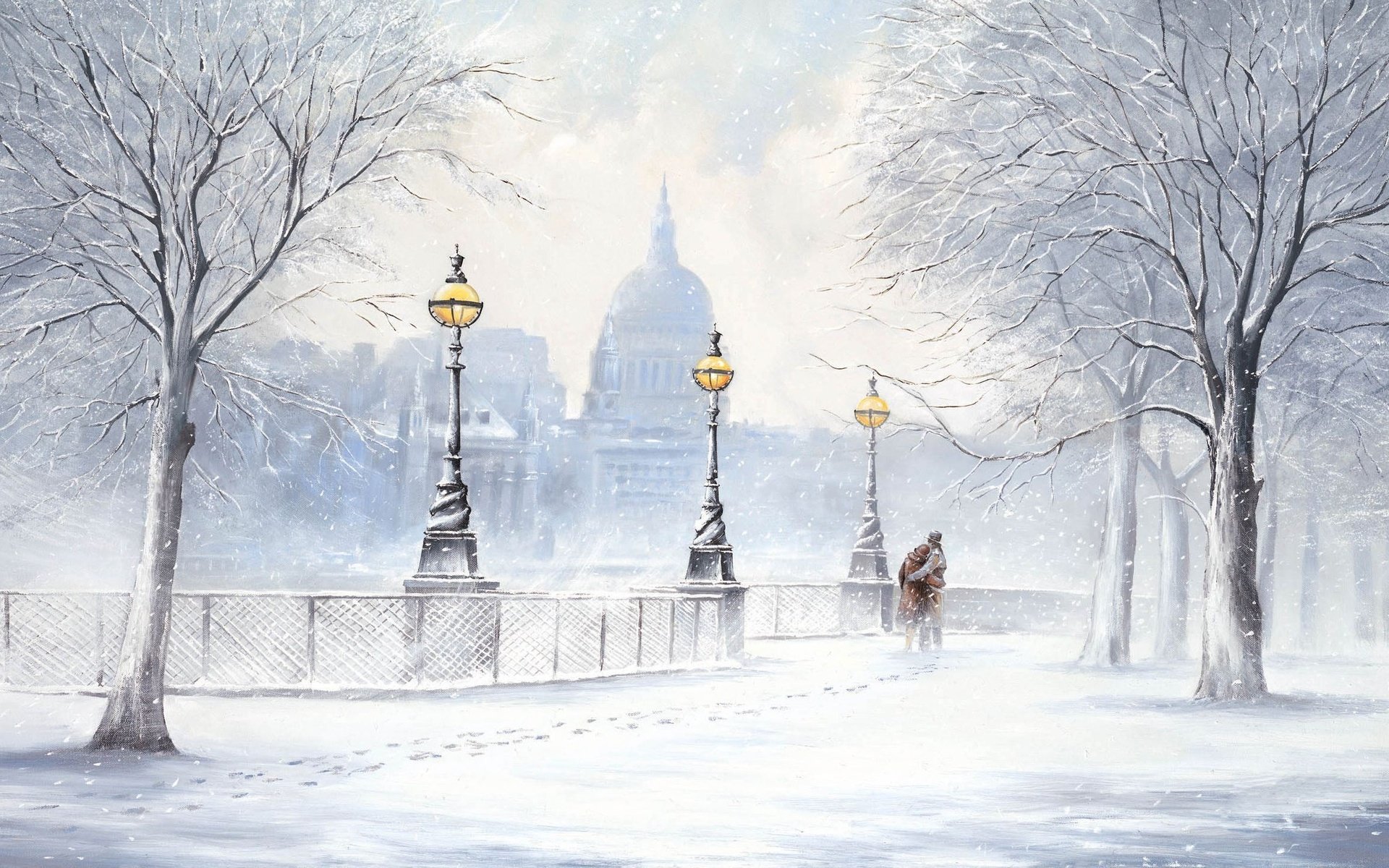 Artistic painting of a snowy urban park with street lamps and a distant cathedral, rendered as an HD PC desktop wallpaper and background.