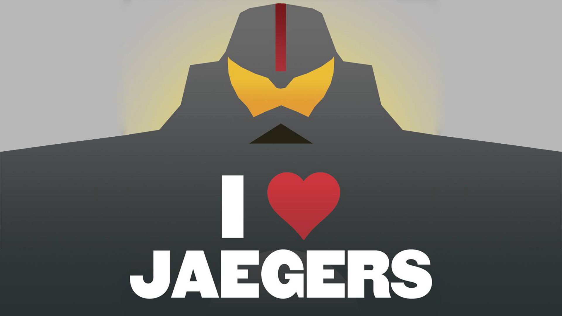 HD PC desktop wallpaper featuring a stylized Pacific Rim Jaeger with the text I ♥ JAEGERS against a plain background.