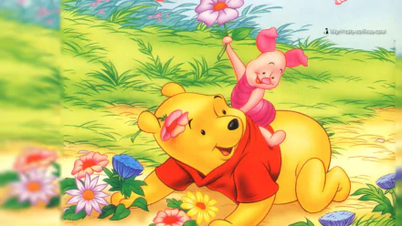 HD desktop wallpaper of Winnie the Pooh with Piglet on his back amid flowers in a vibrant, joyful setting.
