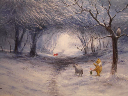 A serene winter landscape with Winnie the Pooh, Piglet, and a donkey among snow-covered trees, creating a charming backdrop for any desktop wallpaper.