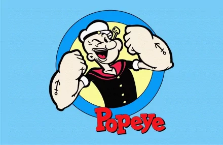 HD desktop wallpaper featuring Popeye the Sailor flexing muscles, with his name boldly displayed in red, set against a blue background.
