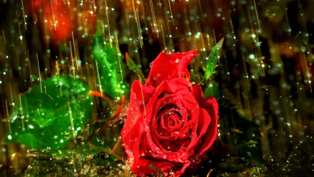 Artistic HD desktop wallpaper of a vibrant red rose with raindrops falling, creating a dramatic and colorful rain-soaked scene.