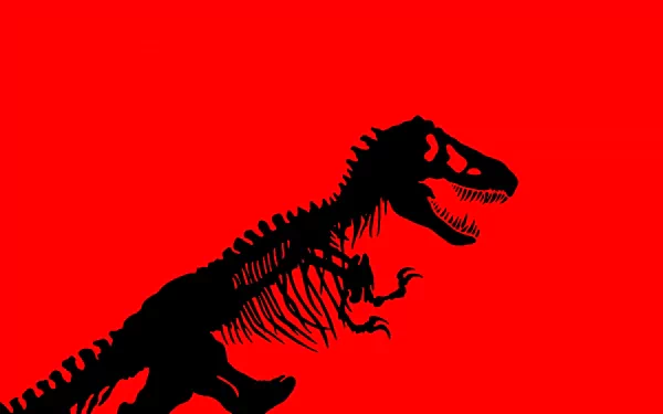 HD wallpaper featuring a black silhouette of a Tyrannosaurus Rex skeleton on a red background, inspired by Jurassic Park.